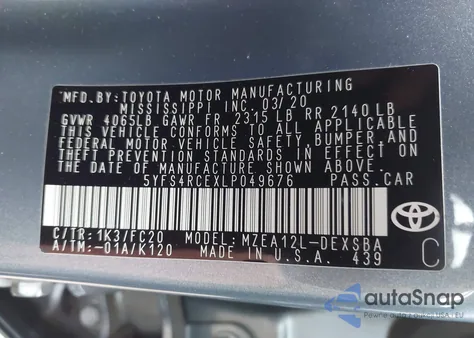 2020 Toyota Corolla Se from USA, damaged, VIN 5YFS4RCEXLP049676